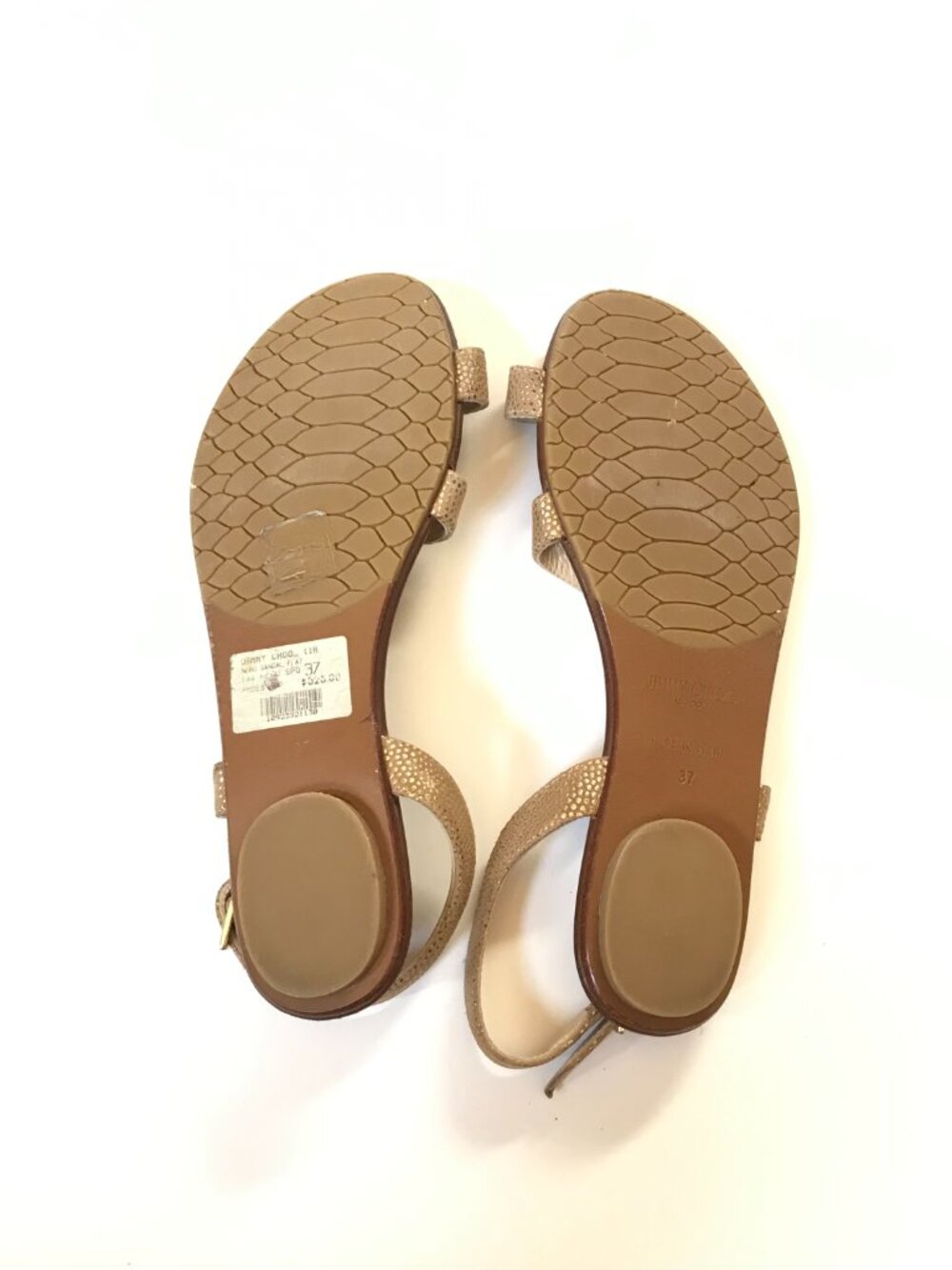 Jimmy Choo Neru Flat Sandals Womens 37 7 Brown Gold Leather Toe Loop Buckle Shoe - Picture 7 of 9
